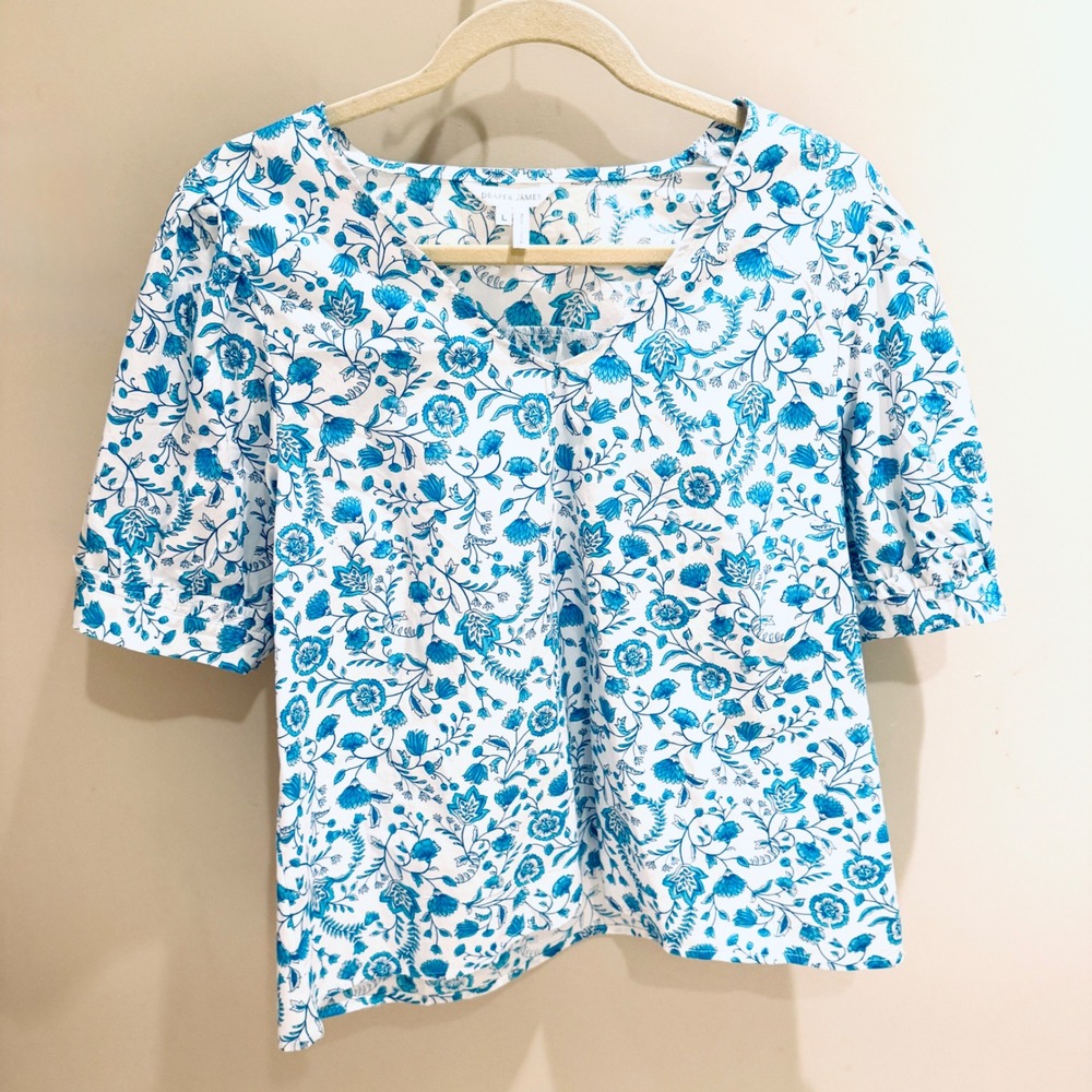 Draper James Floral Print Top Blue White Short Sleeve Blouse‎ Size L